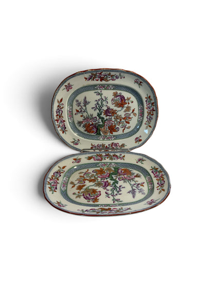 Rare Pair of Antique Minton BB New Stone 11" Oval Serving Platters – Chinoiserie Floral Pattern 41723, c. 1858-1860