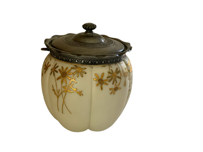 Antique Mt Washington Smith Brothers Unmarked Crown Milano Glass Biscuit Jar 4402 Maiden Gold c. 1890s