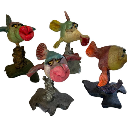 Vintage Steven Lee Smeltzer Set of 4 Signed Fish Fantastico Stoneware Sculptures Maui 1980s-1990s
