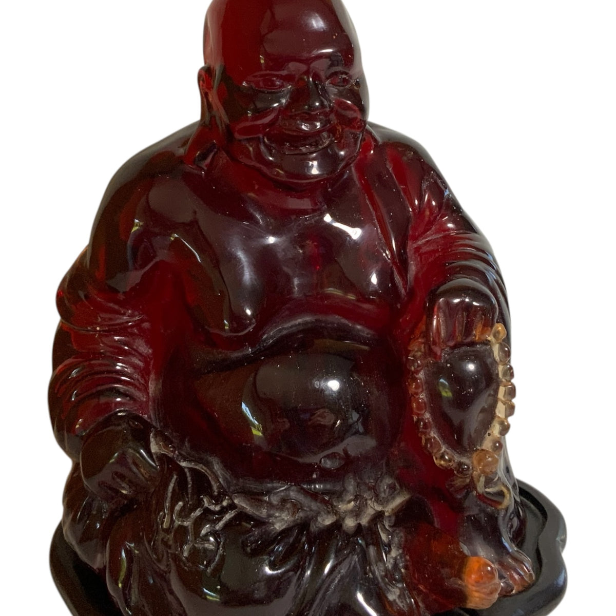 Vintage Mid-Century Large Translucent Red Resin Laughing Buddha Statue on Carved Wood Base China c. 1960s
