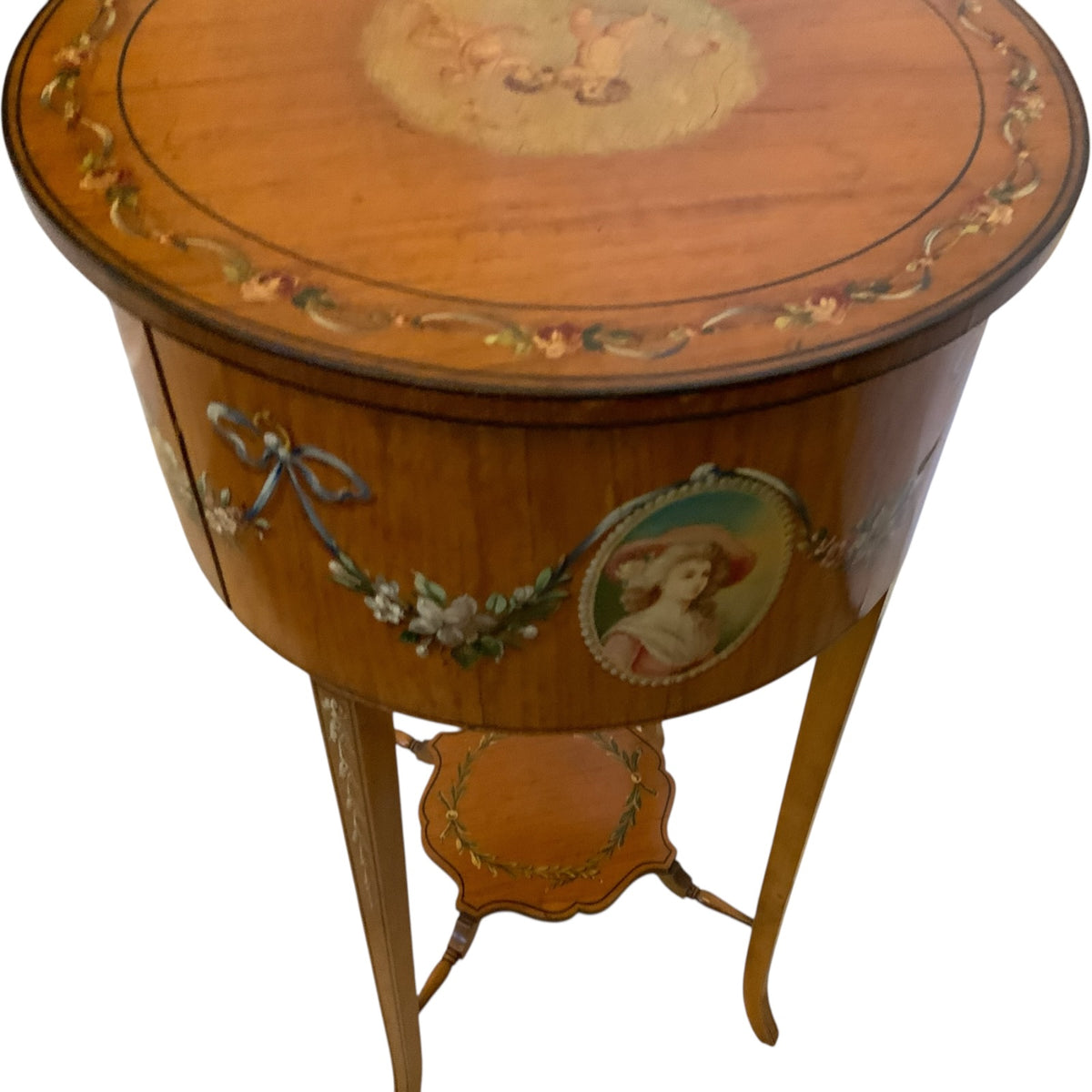 Antique Late Victorian Hand-Painted Satinwood Ladies Sewing Work Table England c. 1880–1900