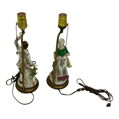 Pair Antique Samson of Paris Chelsea-Style Porcelain Shepherd & Shepherdess Table Lamps w/Shades France c. 1900