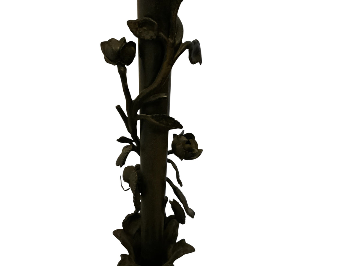 Vintage 1920s Spanish Revival Wrought Iron Bridge Floor Lamp with Ruffled Sunset Art Glass Shade Adjustable 55" - 67" 1920s-1930s