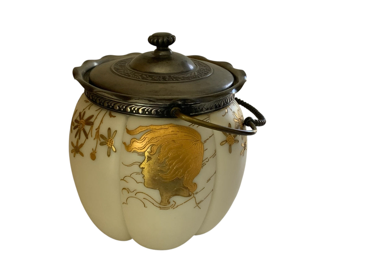 Antique Mt Washington Smith Brothers Unmarked Crown Milano Glass Biscuit Jar 4402 Maiden Gold c. 1890s