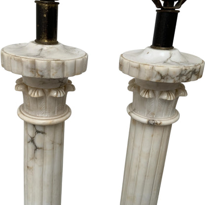 Fine Pair of Vintage Italian Neoclassical Alabaster Column Table Lamps with Laurel Wreath Finials c. Mid-20th Century 1940s-1950s