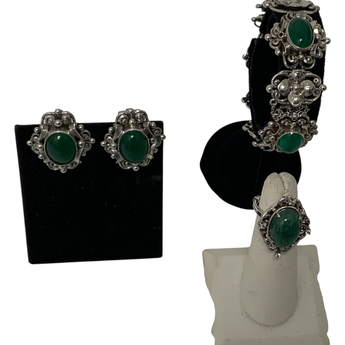 Antique Fratelli Peruzzi Florence 800 Silver Green Onyx Jewelry Suite Bracelet Earrings Ring Italy c. 1920s-1930s