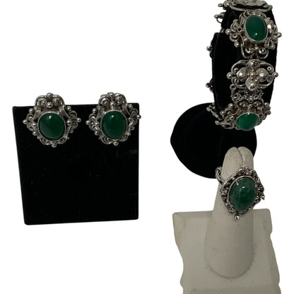 Antique Fratelli Peruzzi Florence 800 Silver Green Onyx Jewelry Suite Bracelet Earrings Ring Italy c. 1920s-1930s