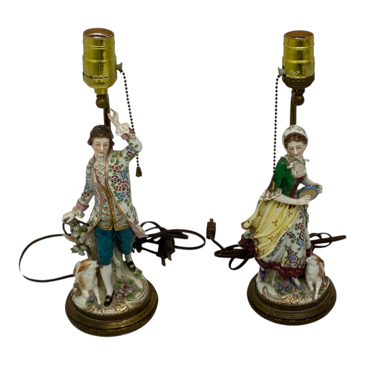 Pair Antique Samson of Paris Chelsea-Style Porcelain Shepherd & Shepherdess Table Lamps w/Shades France c. 1900