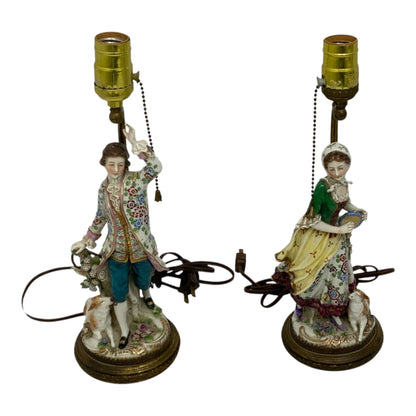 Pair Antique Samson of Paris Chelsea-Style Porcelain Shepherd & Shepherdess Table Lamps w/Shades France c. 1900
