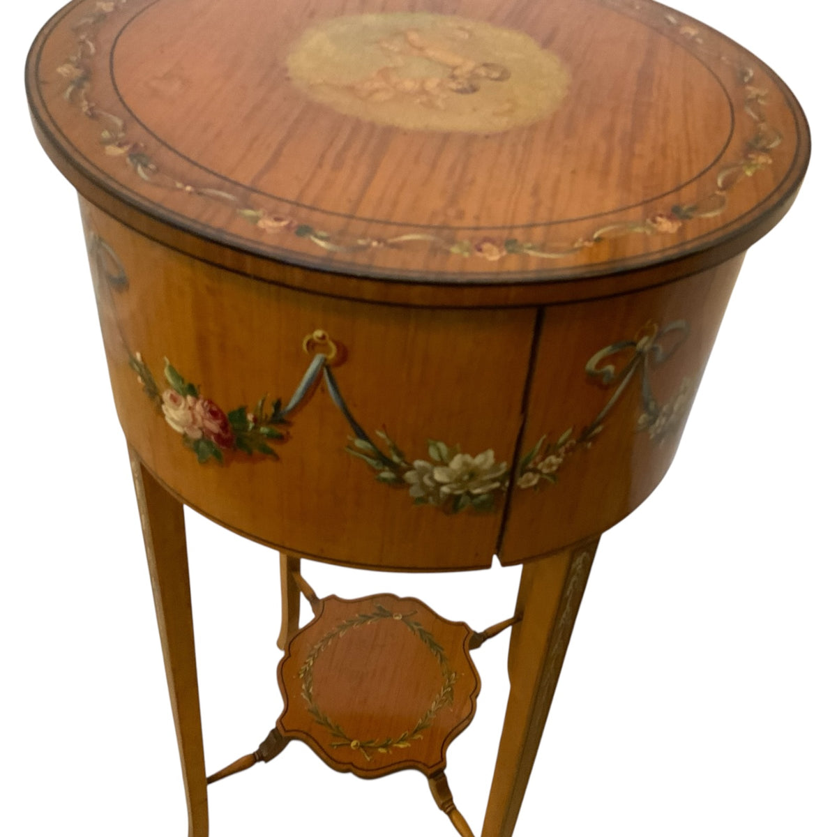 Antique Late Victorian Hand-Painted Satinwood Ladies Sewing Work Table England c. 1880–1900