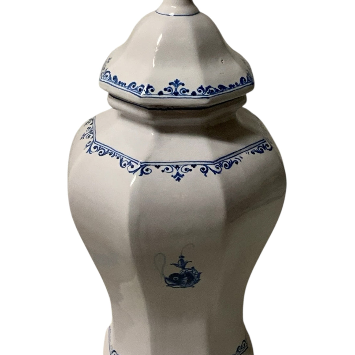 Rare Vintage 3-Piece Italian Majolica Centerpiece Set for Gump's Blue & White Tulipiere, Platter & Matching Pair of Lidded Ginger Jars Italy 1970s-1980s