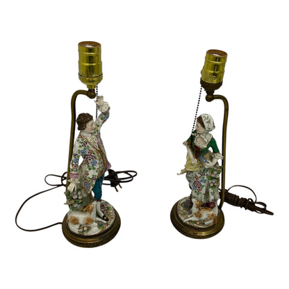 Pair Antique Samson of Paris Chelsea-Style Porcelain Shepherd & Shepherdess Table Lamps w/Shades France c. 1900