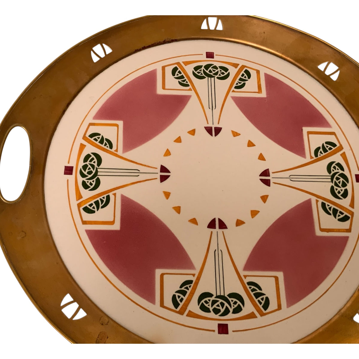 Antique German Jugendstil Wächtersbach Attributed Ceramic & Pierced Brass Tray c. 1905-1920