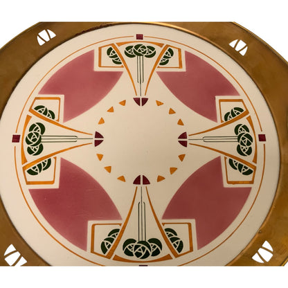 Antique German Jugendstil Wächtersbach Attributed Ceramic & Pierced Brass Tray c. 1905-1920