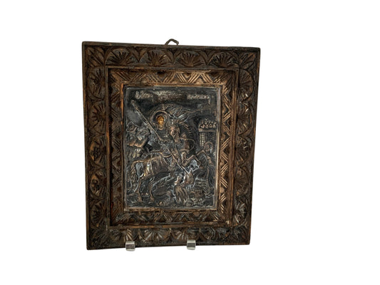 Vintage Theologs Greek Byzantine Icon Saint George 950 Silver Carved Wood Frame Certificate 1993
