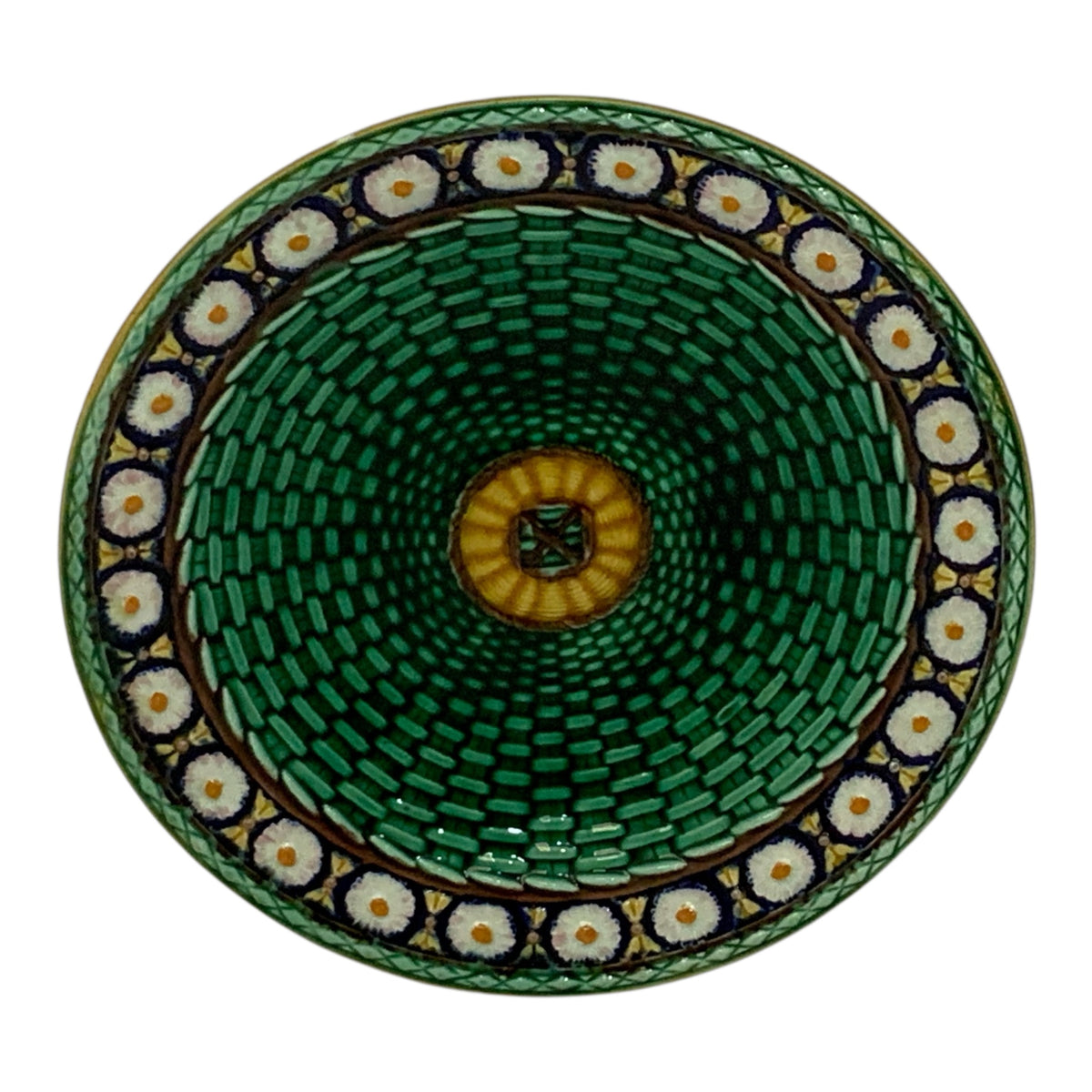 Antique Wedgwood Stanley Pattern Victorian Majolica Basket Weave Floral Plate England c. 1870s
