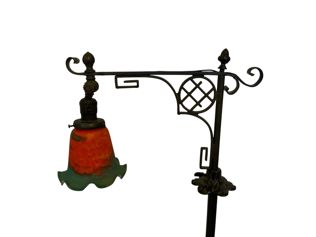 Vintage 1920s Spanish Revival Wrought Iron Bridge Floor Lamp with Ruffled Sunset Art Glass Shade Adjustable 55" - 67" 1920s-1930s