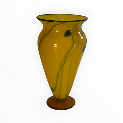 Rick Strini Signed 2004 Hand-Blown Art Glass Vase 11.25" Yellow, Amber & Green Botanical Design USA