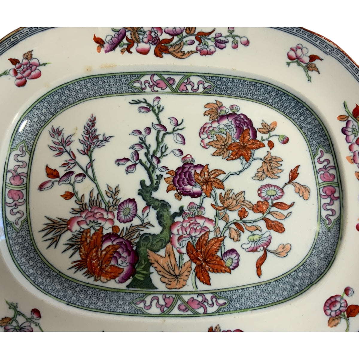 Rare Pair of Antique Minton BB New Stone 11" Oval Serving Platters – Chinoiserie Floral Pattern 41723, c. 1858-1860