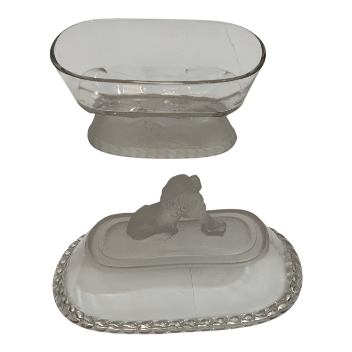 Antique Gillinder & Sons 8.5" Frosted Lion Oval Covered Glass Dish America c. 1876–1900
