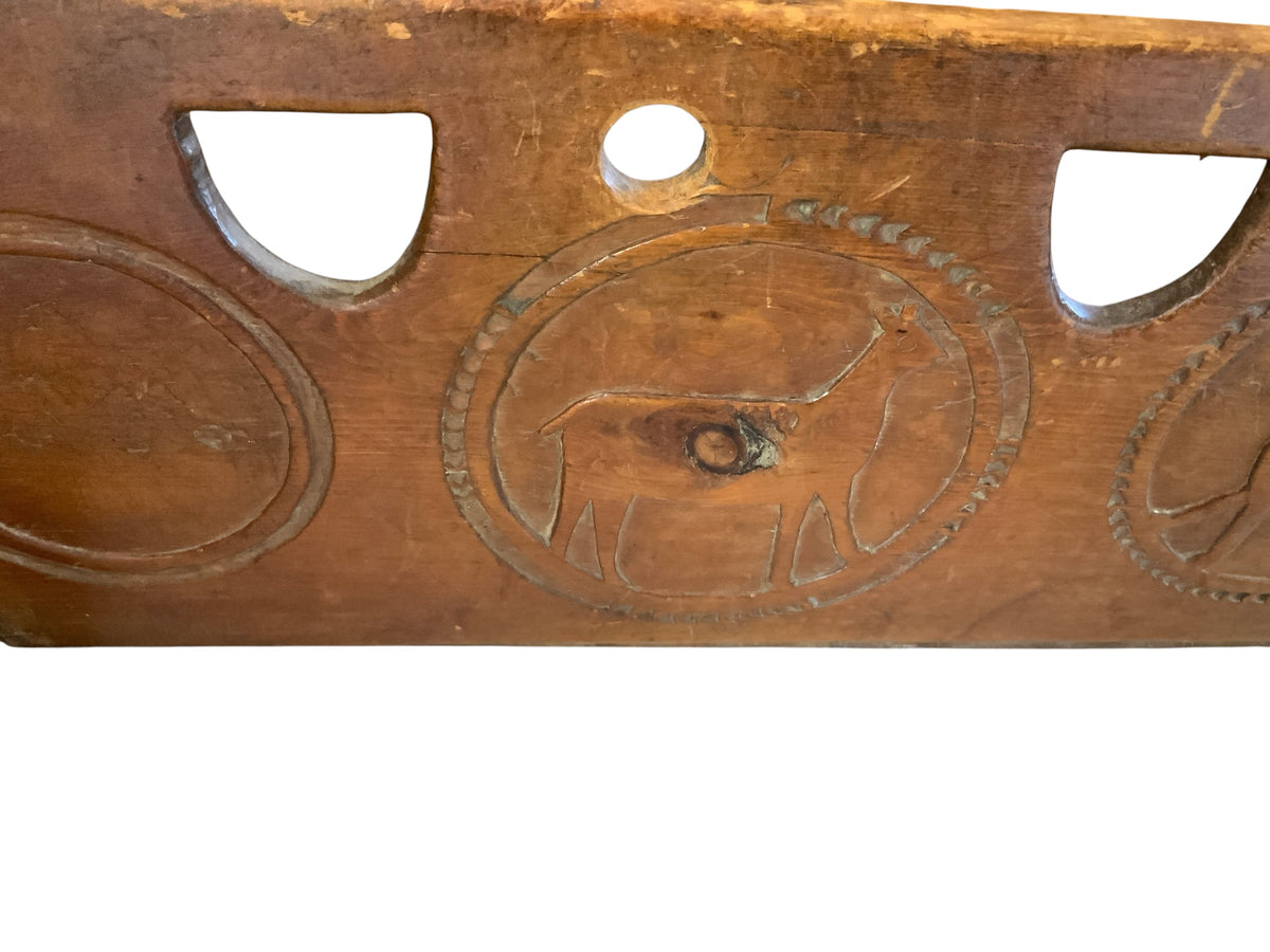 Antique 19th C European Folk Art Rocking Cradle Hand Carved Wood Catholic Iconography and Monogram