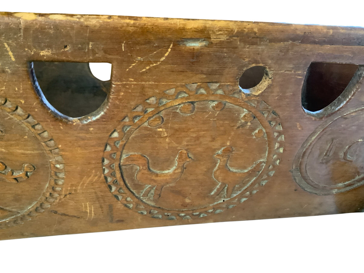 Antique 19th C European Folk Art Rocking Cradle Hand Carved Wood Catholic Iconography and Monogram