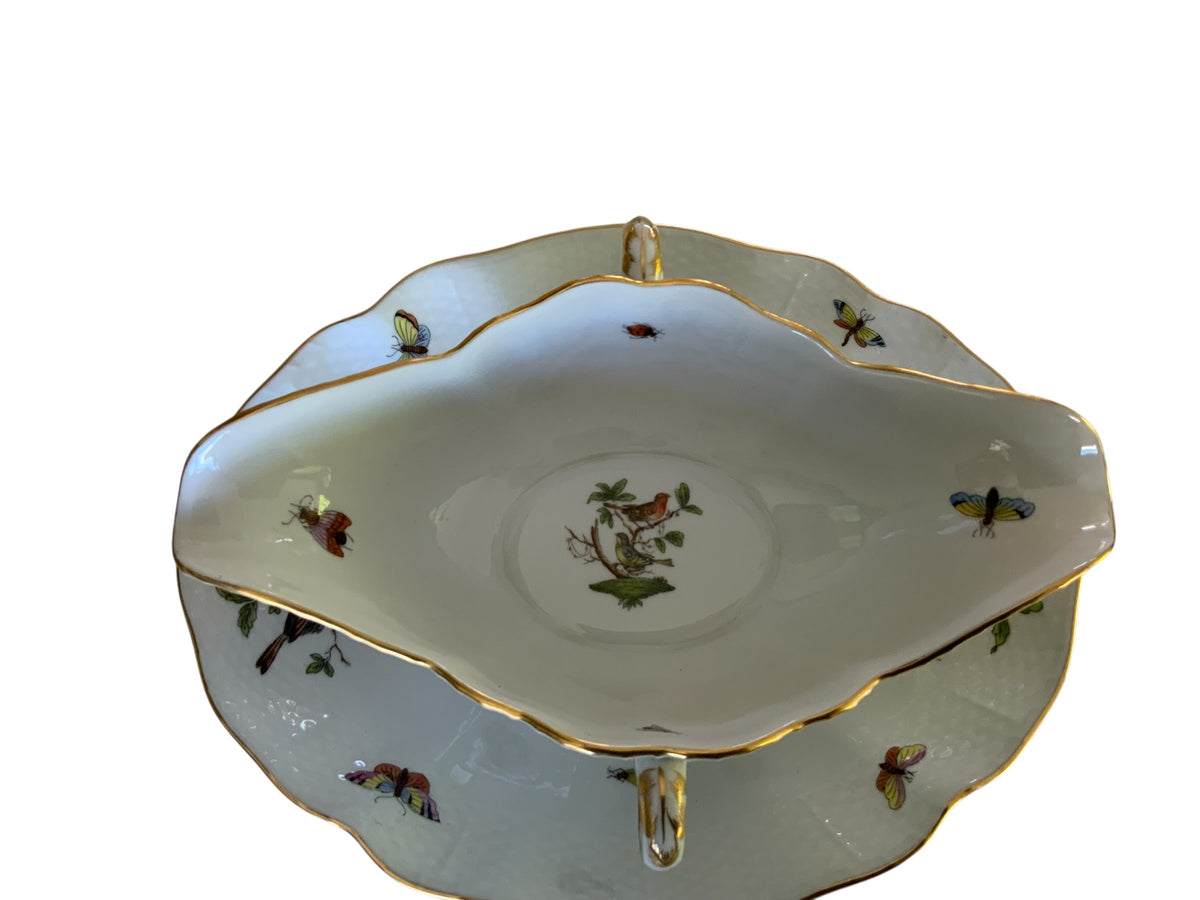 Herend Rothschild Bird Large Attached Gravy Boat Server Porcelain 222/RO Made in Hungary