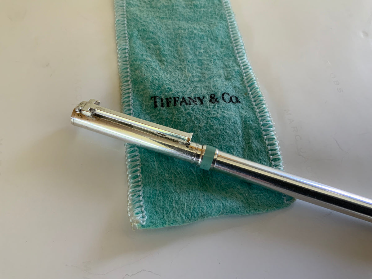 Authentic Tiffany & Co. Sterling Silver T-Clip Ballpoint Pen Tiffany Blue Band 925 w/Pouch Made in Germany 2010s