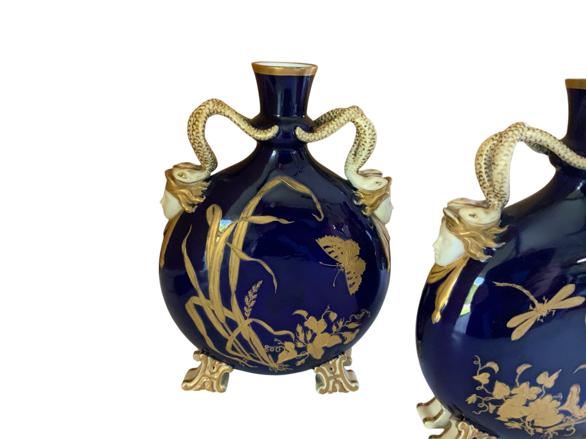 Pair Antique Grainger Cobalt Blue Porcelain Moon Pilgrim Flasks Snake Handles c. 1880 Gilt Vases Made in England