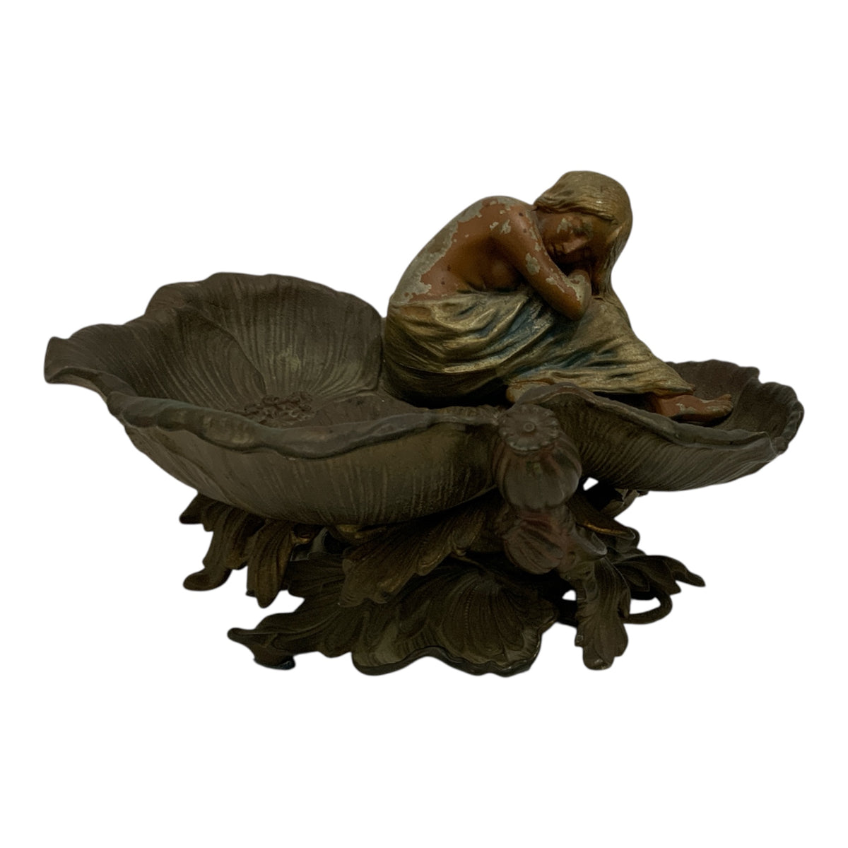 French Art Nouveau Cast Iron Figural Poppy Blossom Centerpiece with Resting Maiden c. 1900