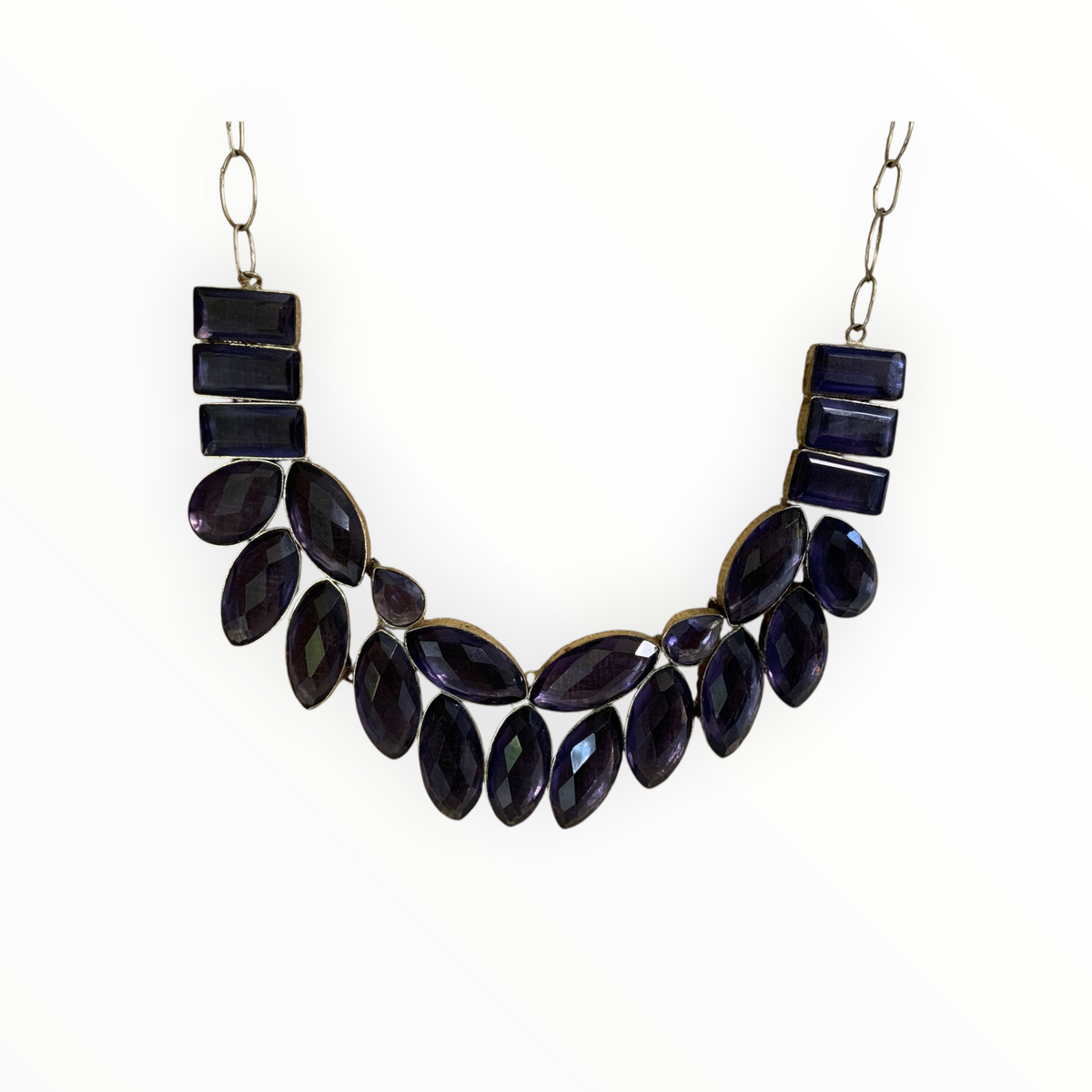 Vintage Sterling Silver 925 Purple Gemstone Amethyst Statement Bib Necklace 129g India 1970s