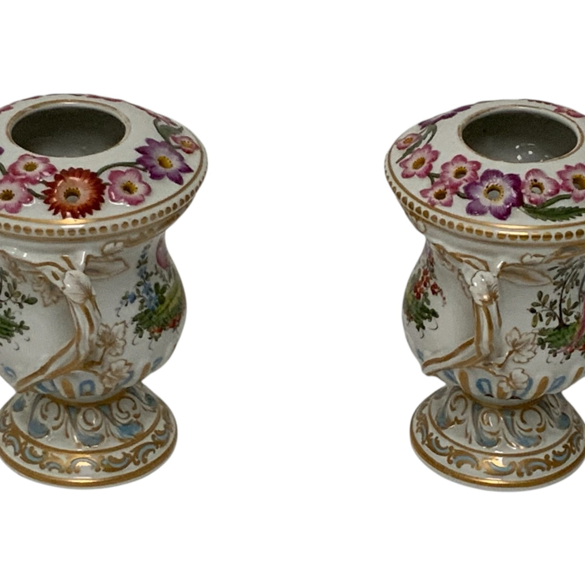 Antique Pair Edmé Samson Paris Chelsea-Style Porcelain Bird Potpourri Urns France c. 1885-1920
