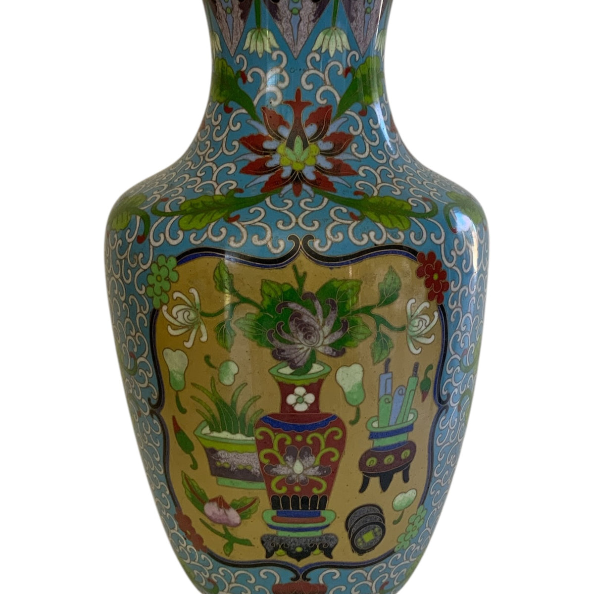 Vintage Large 15.25" Chinese Cloisonne Vase Turquoise Yellow Floral Pot Motif Vintage c.1970s-1980s