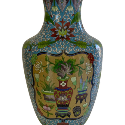 Vintage Large 15.25" Chinese Cloisonne Vase Turquoise Yellow Floral Pot Motif Vintage c.1970s-1980s