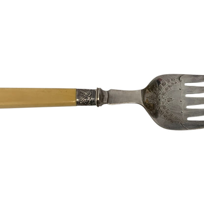 Antique English Victorian H&S EP Silver Plate Fish Serving Knife & Fork Set Bone Handles Orig. Case c. 1880-1900