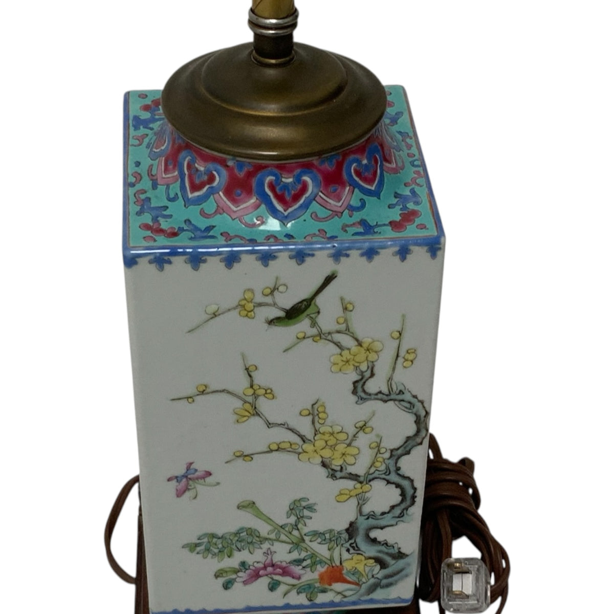 Antique Chinese Republic Period Famille Rose Four Seasons Porcelain Lamp Pagoda Shade Celluloid Rose Finial c1920s-1930s