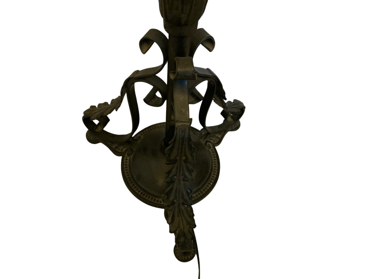 Vintage 1920s Spanish Revival Wrought Iron Bridge Floor Lamp with Ruffled Sunset Art Glass Shade Adjustable 55" - 67" 1920s-1930s
