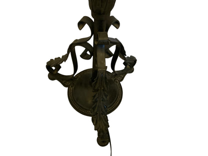 Vintage 1920s Spanish Revival Wrought Iron Bridge Floor Lamp with Ruffled Sunset Art Glass Shade Adjustable 55" - 67" 1920s-1930s