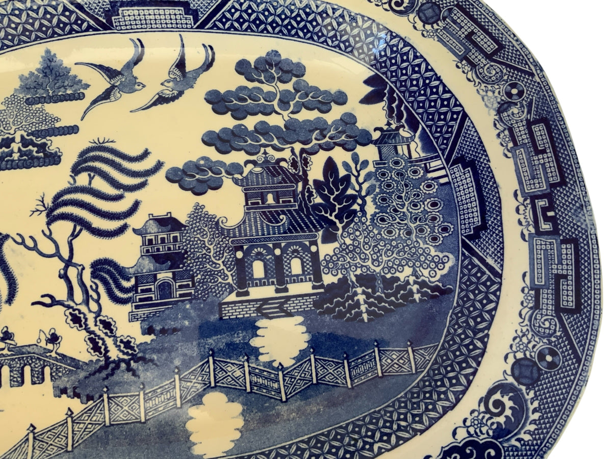 Antique Massive 19.5" Blue Willow Turkey Platter Unmarked Staffordshire English Transferware Flawless England 1830–1860