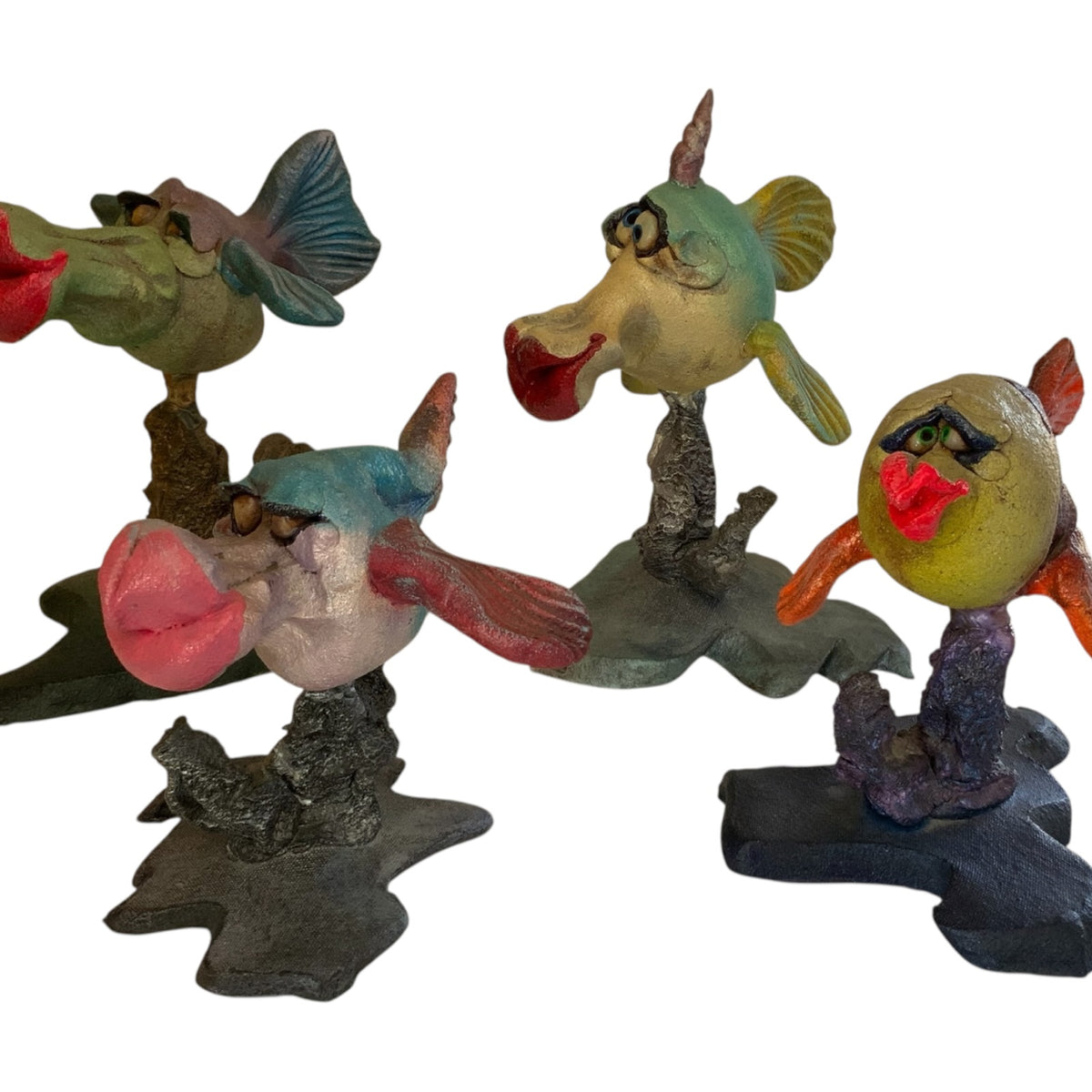 Vintage Steven Lee Smeltzer Set of 4 Signed Fish Fantastico Stoneware Sculptures Maui 1980s-1990s