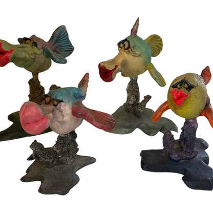 Vintage Steven Lee Smeltzer Set of 4 Signed Fish Fantastico Stoneware Sculptures Maui 1980s-1990s