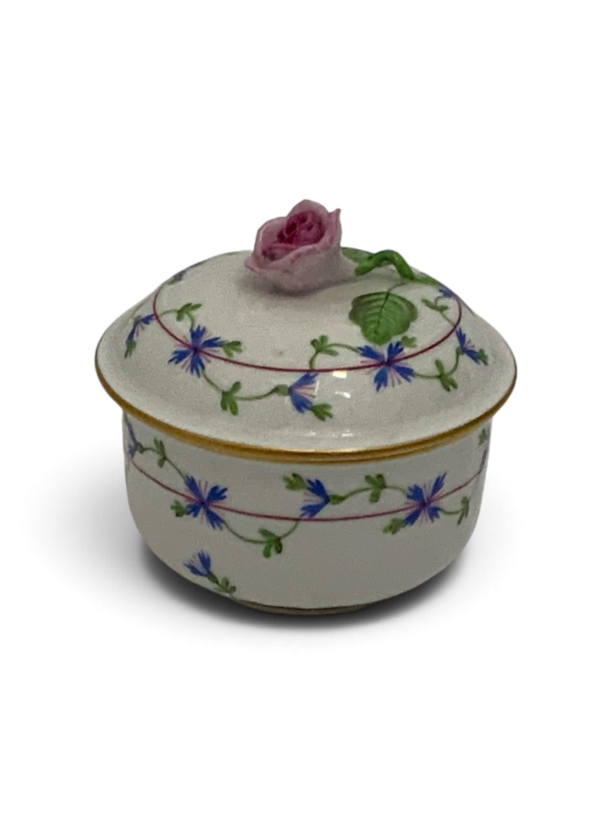 Vintage Herend Blue Garland PBG Covered Sugar Bowl Bonbonniere Rose Finial Model 1162 Hungary c. 1980s