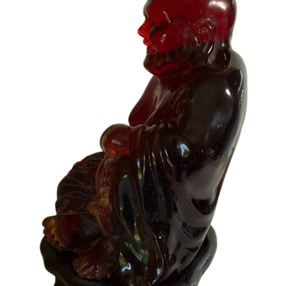 Vintage Mid-Century Large Translucent Red Resin Laughing Buddha Statue on Carved Wood Base China c. 1960s