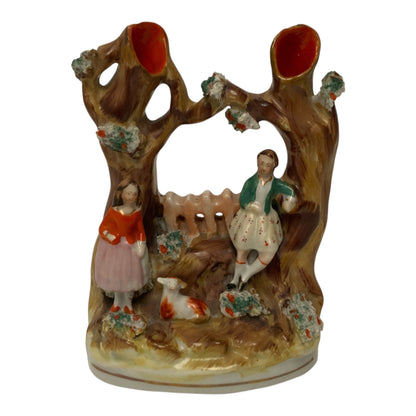 Antique Victorian Staffordshire Double Tree Trunk Spill Vase Courting Couple & Sheep c. 1860