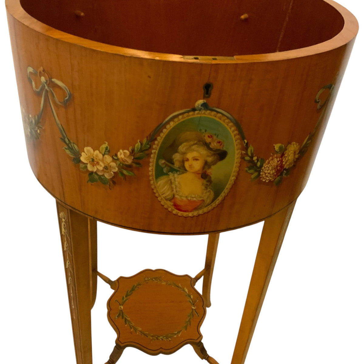 Antique Late Victorian Hand-Painted Satinwood Ladies Sewing Work Table England c. 1880–1900