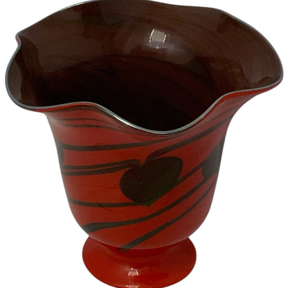 Vintage Hand Blown Studio Art Cased Glass Heart & Vine Ruffled Applied Bottom Vessel c. 1970s