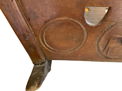 Antique 19th C European Folk Art Rocking Cradle Hand Carved Wood Catholic Iconography and Monogram