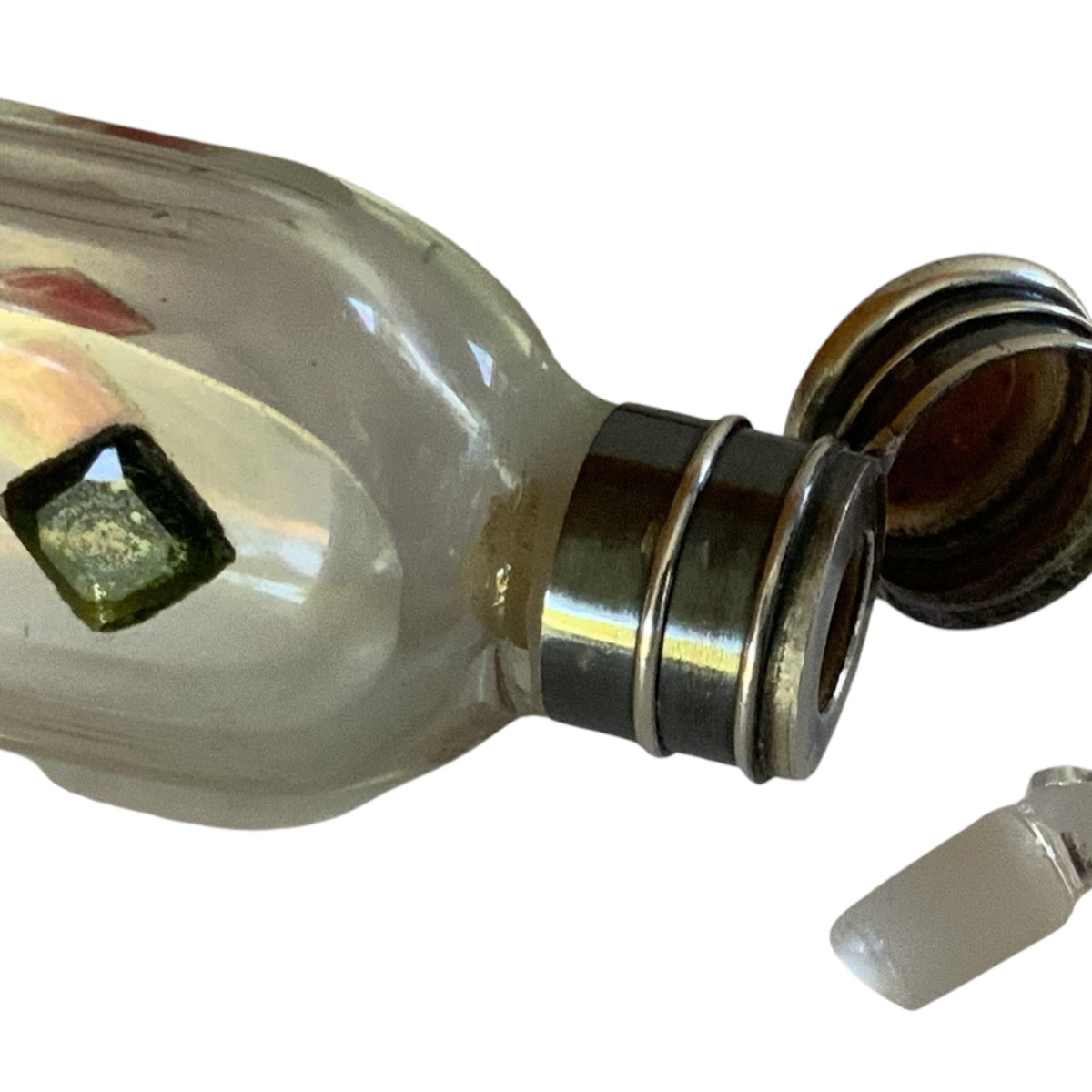 Antique Bohemian Jeweled Glass Pocket Scent Bottle Hinged Cap & Intact Ground Glass Stopper Czech c.1890