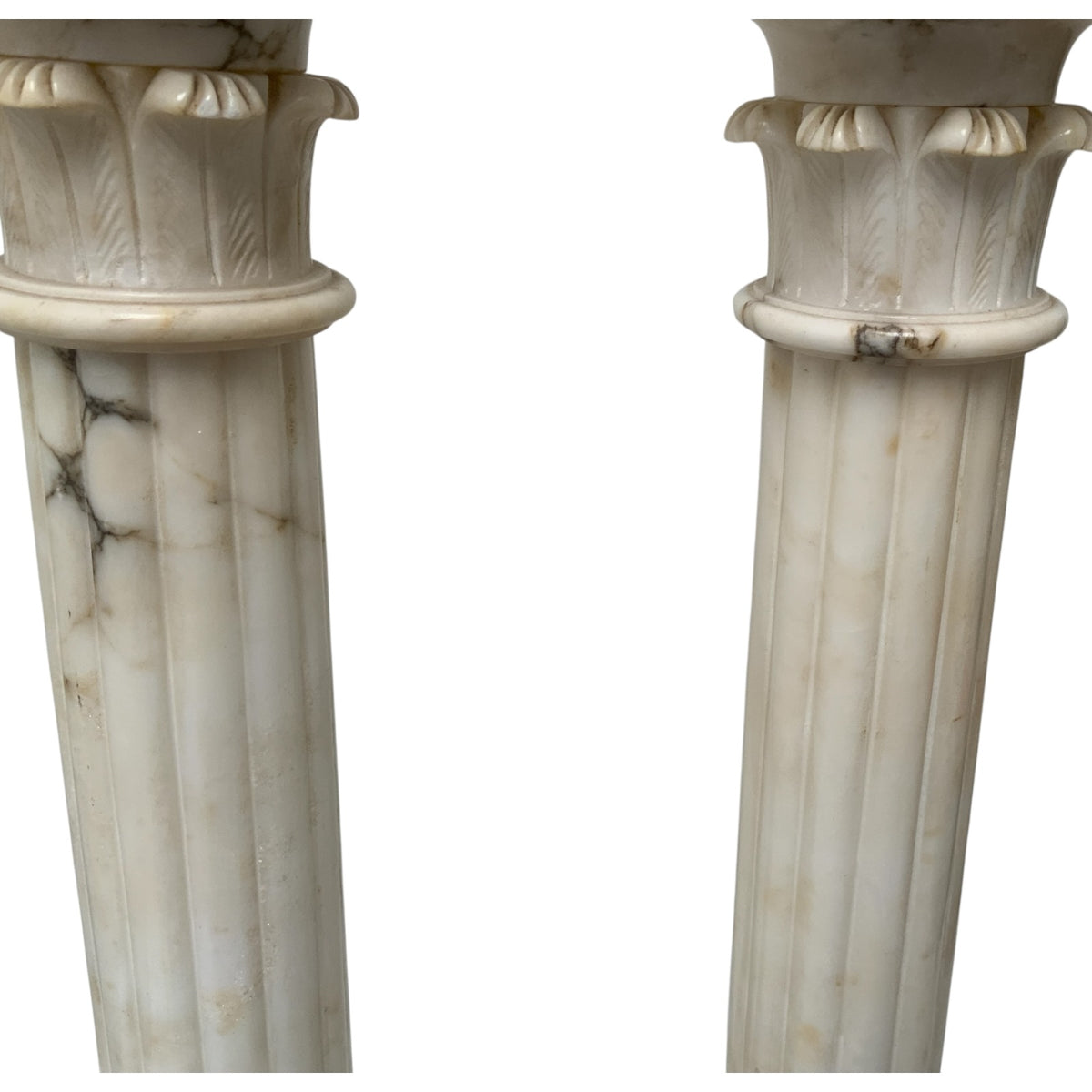 Fine Pair of Vintage Italian Neoclassical Alabaster Column Table Lamps with Laurel Wreath Finials c. Mid-20th Century 1940s-1950s