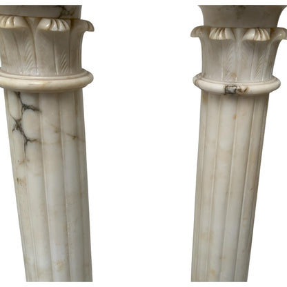 Fine Pair of Vintage Italian Neoclassical Alabaster Column Table Lamps with Laurel Wreath Finials c. Mid-20th Century 1940s-1950s